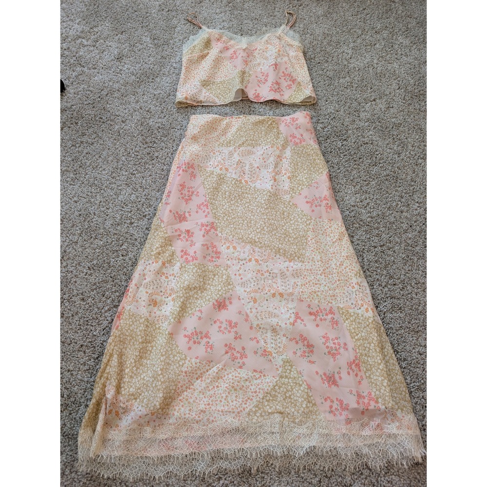 LOFT Floral Patchwork 2 Piece Set Lace Trim Cami Top & Midi Skirt Pink Tan S